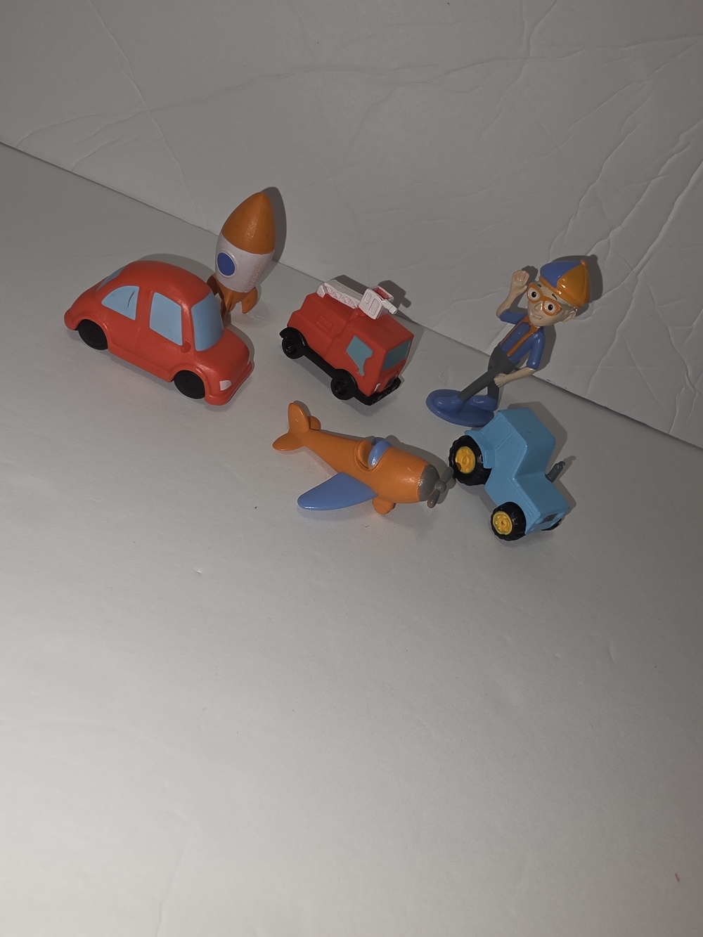 Kids Vehicle Toy Set with Orange & Blue Cars, Plane, Rocket and Figure
